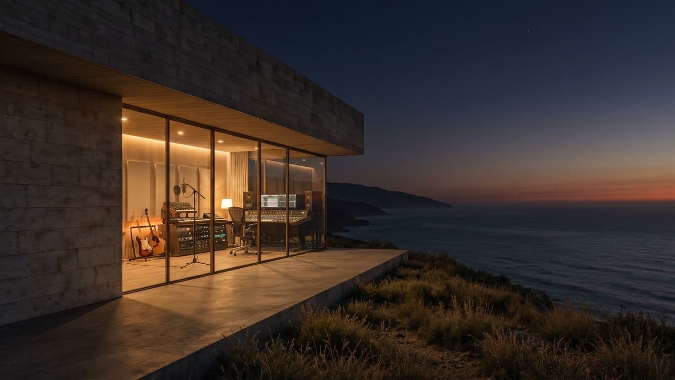 The coastal house at night, warm light in the glass
