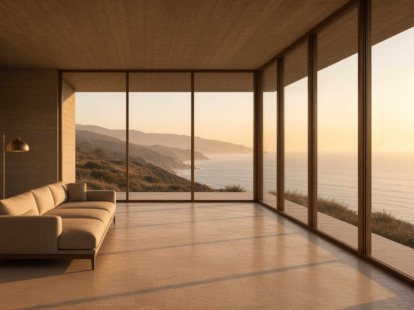 Amber light across a limestone room opening onto the coast